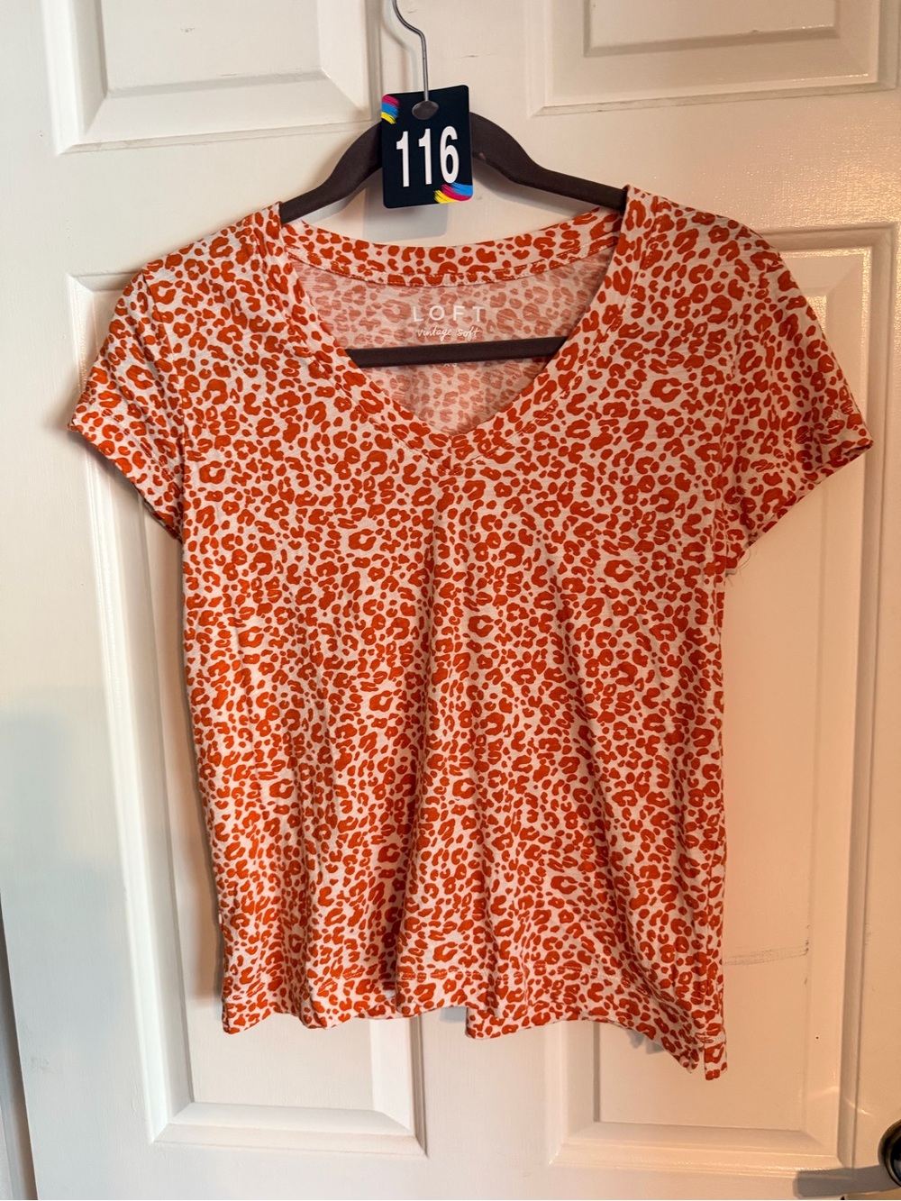 LOFT Orange and White Leopard V-Neck Tee
